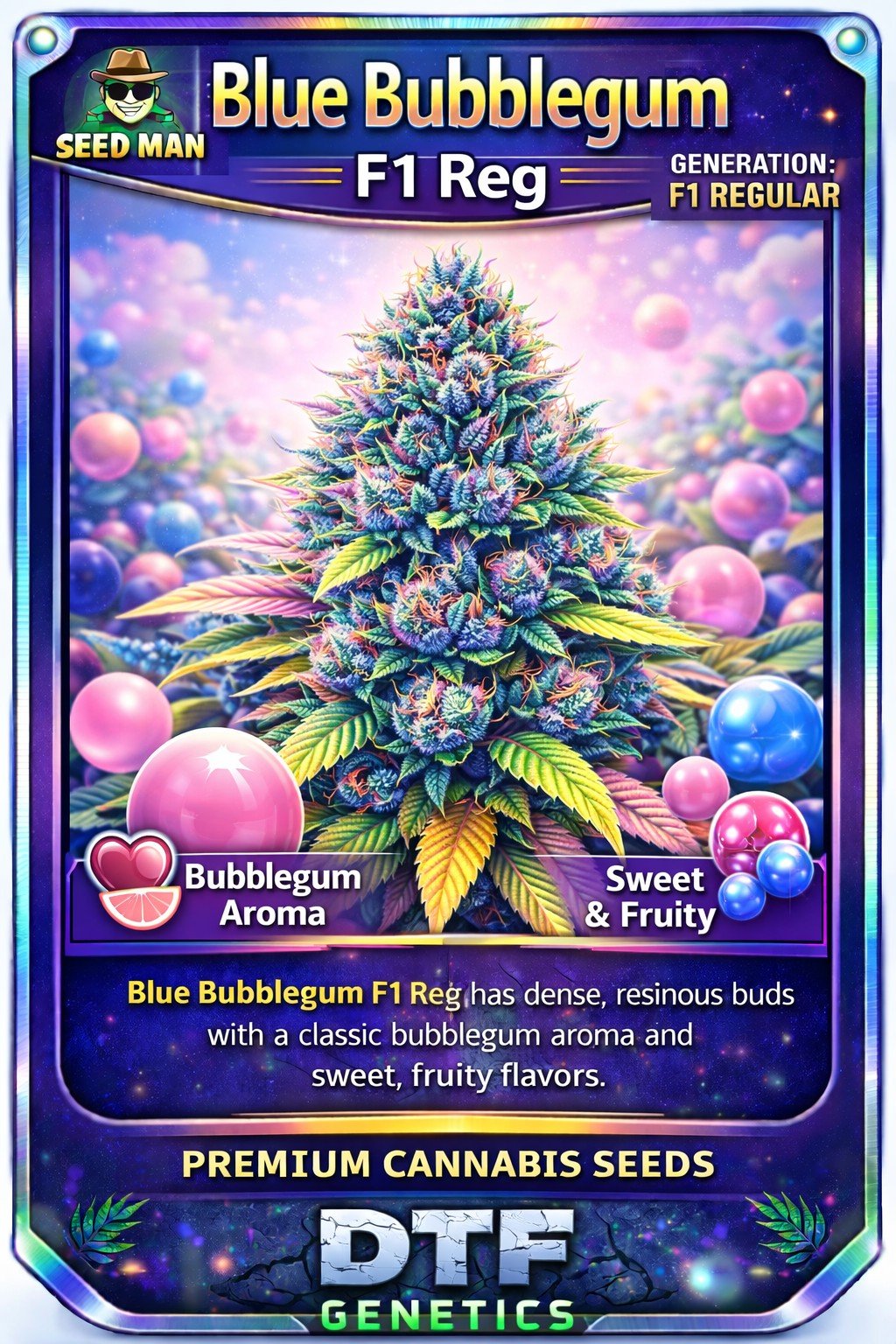 Blue Bubblegum F1 Regular DTF Genetics strain card